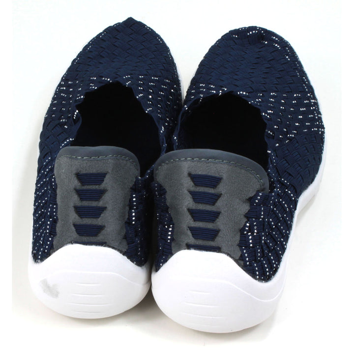 Navy blue woven fabric shoes with white rubber soles. Back view.