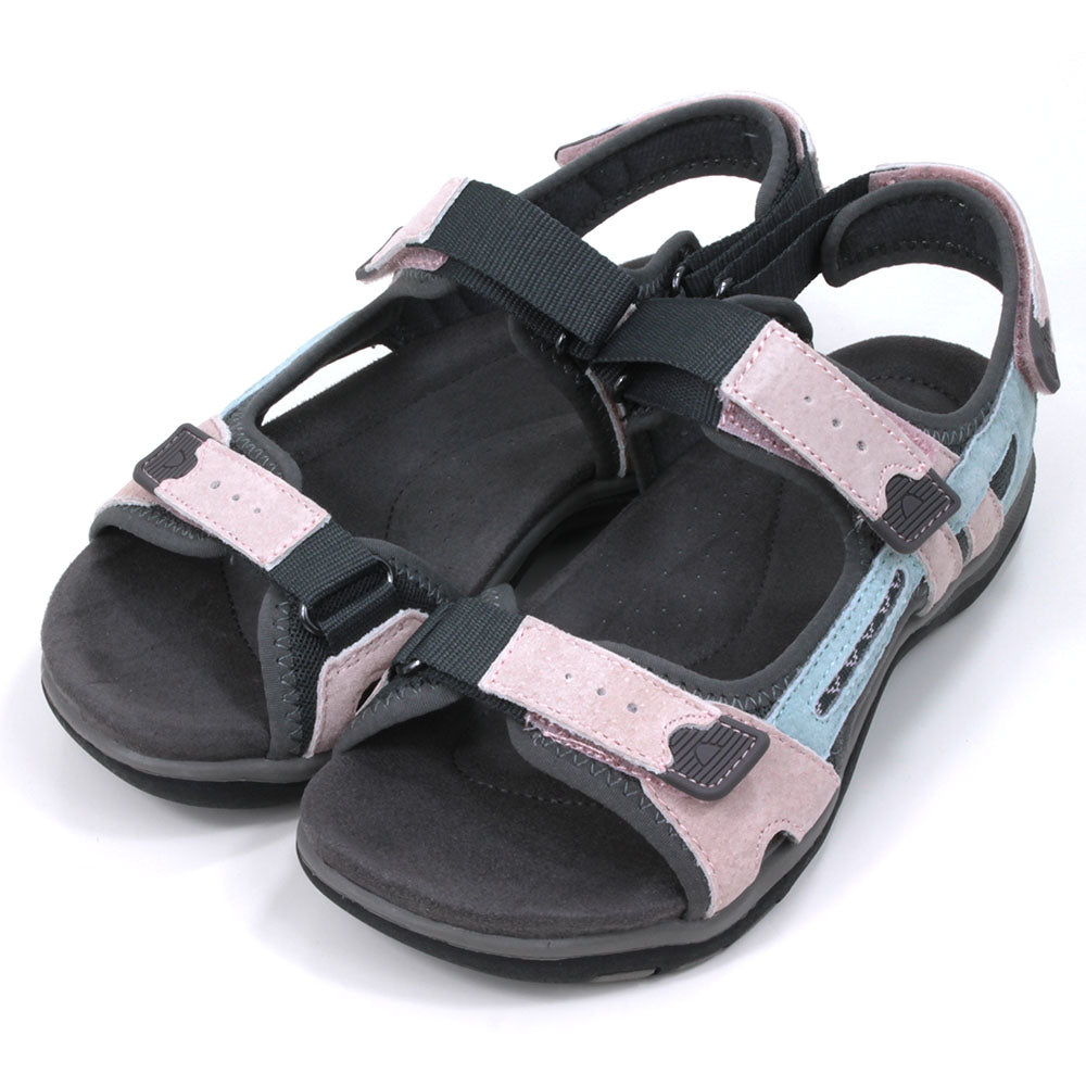 Grey based walking sandals with pale pink and pale blue details. Velcro adjustable straps. Cushioned insoles. Angled view.
