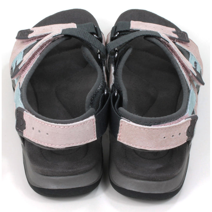 Grey based walking sandals with pale pink and pale blue details. Velcro adjustable straps. Cushioned insoles. Back view.