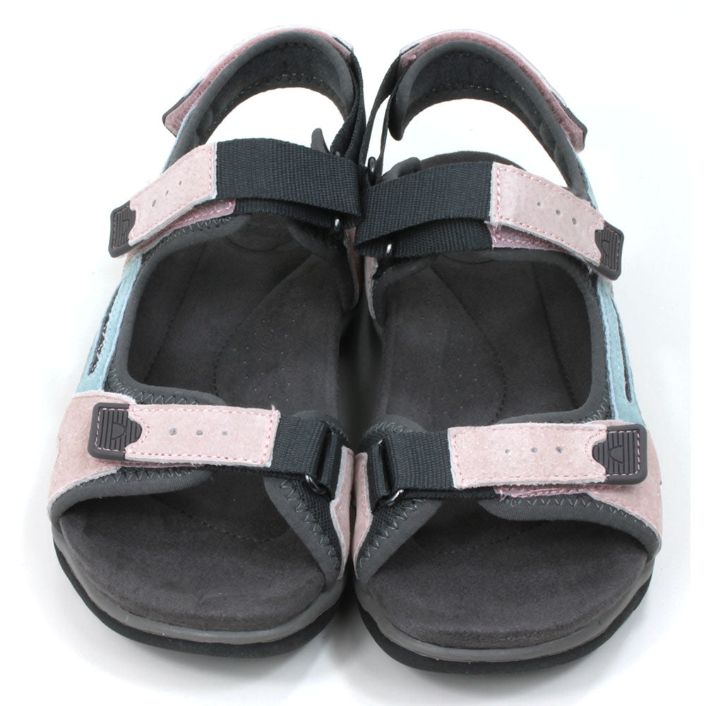 Grey based walking sandals with pale pink and pale blue details. Velcro adjustable straps. Cushioned insoles. Front view.