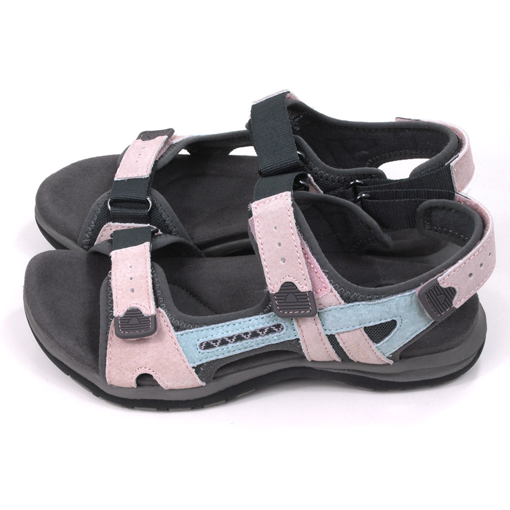 Grey based walking sandals with pale pink and pale blue details. Velcro adjustable straps. Cushioned insoles. Side view.