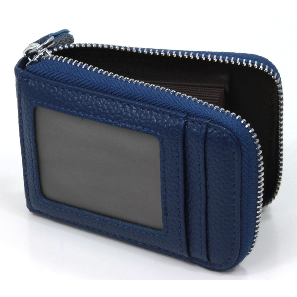 Navy blue leather credit card wallet with silver zip. Front view showing window for id, driving licence, etc.