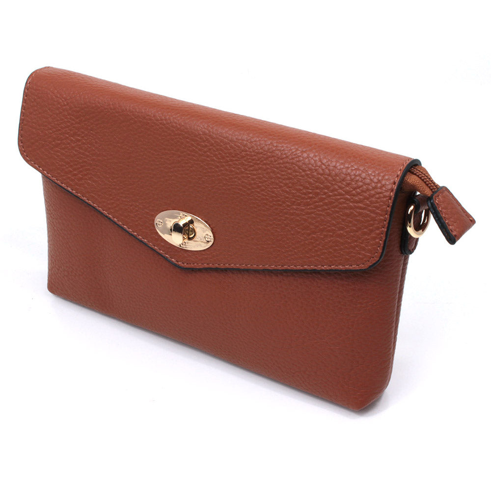 Long and Son brown twist clasp envelope bag from the front