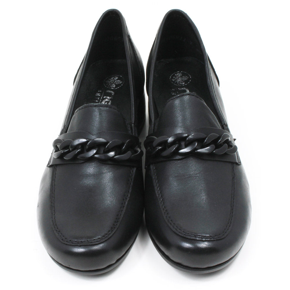 Rieker black everyday shoes with black chain foot detail and wide medium heel. Shoes shown from the front..
