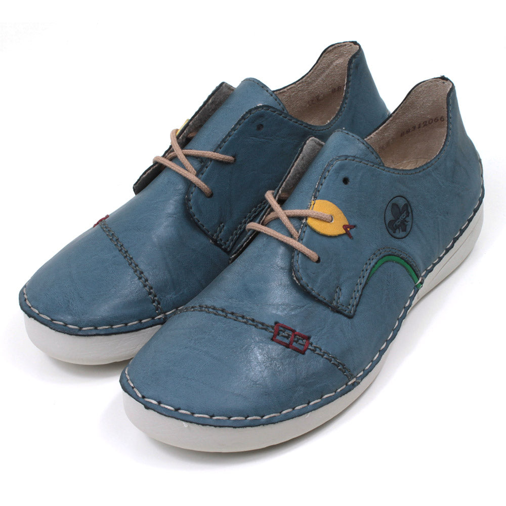 Rieker mid blue lace up shoes with yellow patch detail over second eye hole. White soles. Rieker logo embossed on the side. Angled shot.