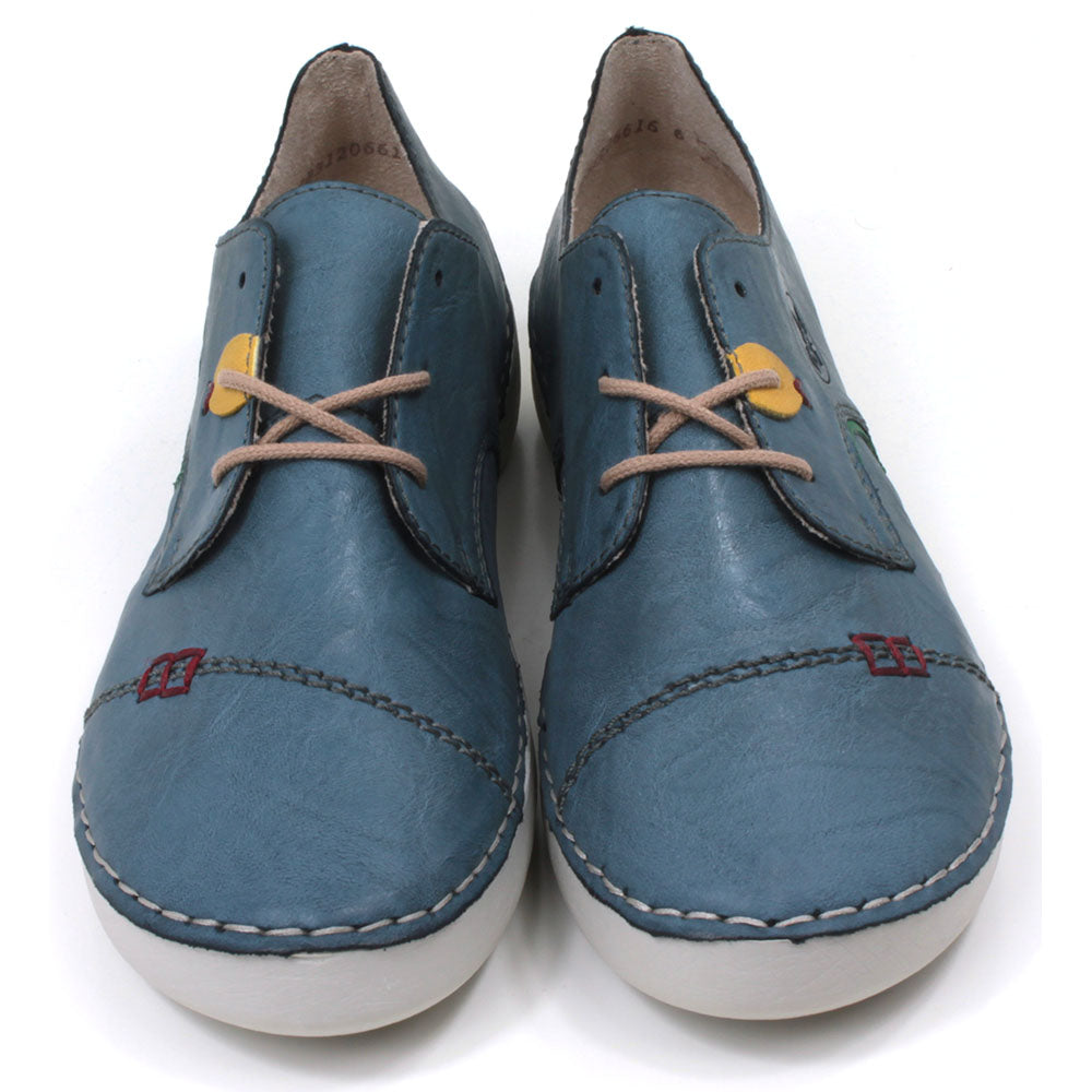 Rieker mid blue lace up shoes with yellow patch detail over second eye hole. White soles. Front shot.