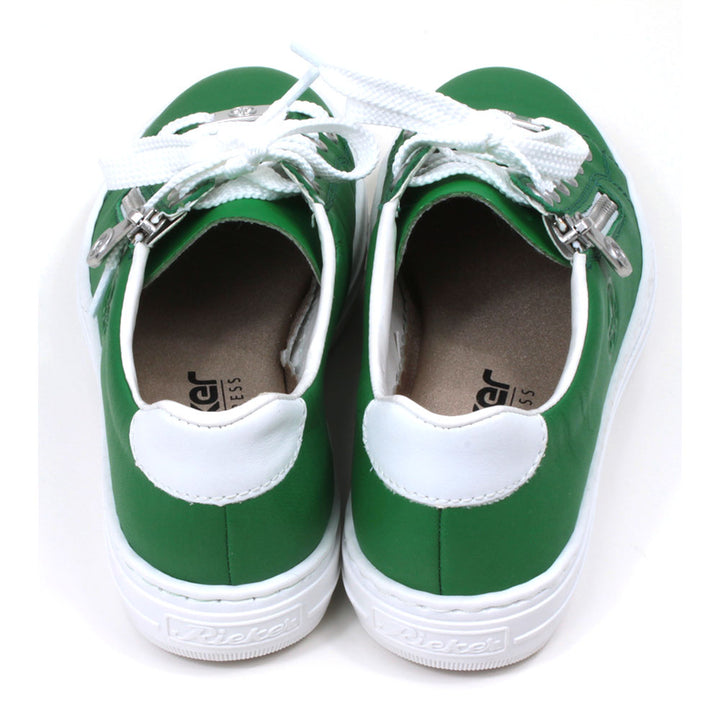 Rieker green trainers with white rubbers soles. White laces adjustment with silver Rieker badge on the bottom lace rung. Side zips for fitting. Back view.