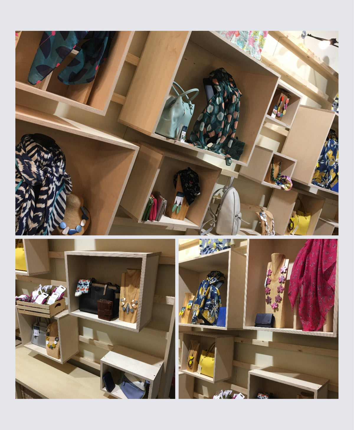A montage of 3 photographs of the new shelving recently installed at Kitty Brown.