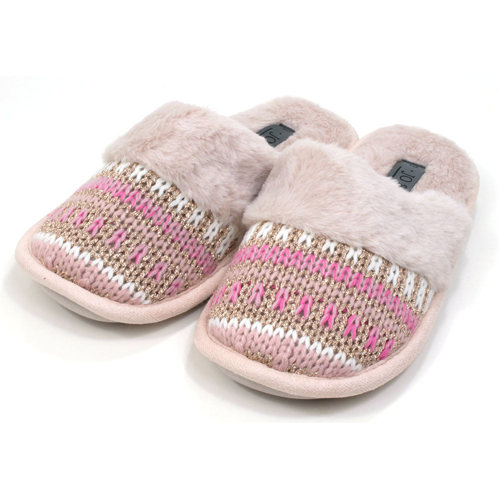 Jo and Joe mule slippers with beige fur insides and band across the foot. Knitted feet with beige, pink, white and gold wool. Angled view.