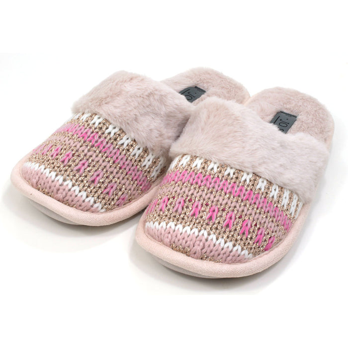 Jo and Joe mule slippers with beige fur insides and band across the foot. Knitted feet with beige, pink, white and gold wool. Angled view.