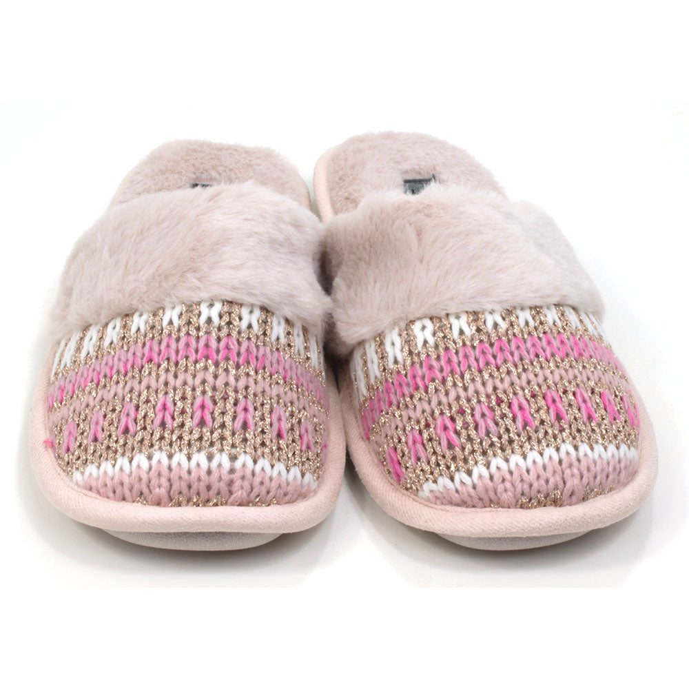 Jo and Joe mule slippers with beige fur insides and band across the foot. Knitted feet with beige, pink, white and gold wool. Front view.