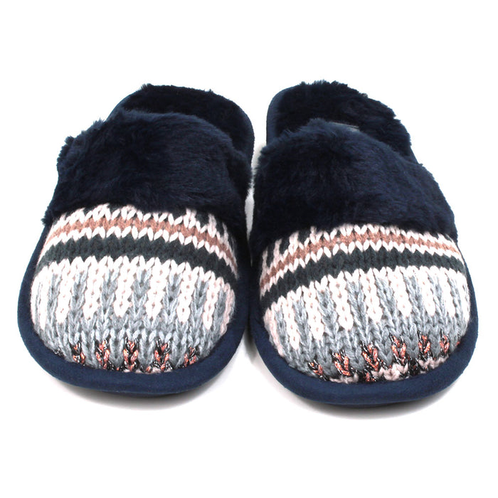 Jo and Joe mule slippers with navy blue fur inside and a matching band of fur over the foot. Chunky knitted uppers in navy, sky blue, white and rose gold. Front view.