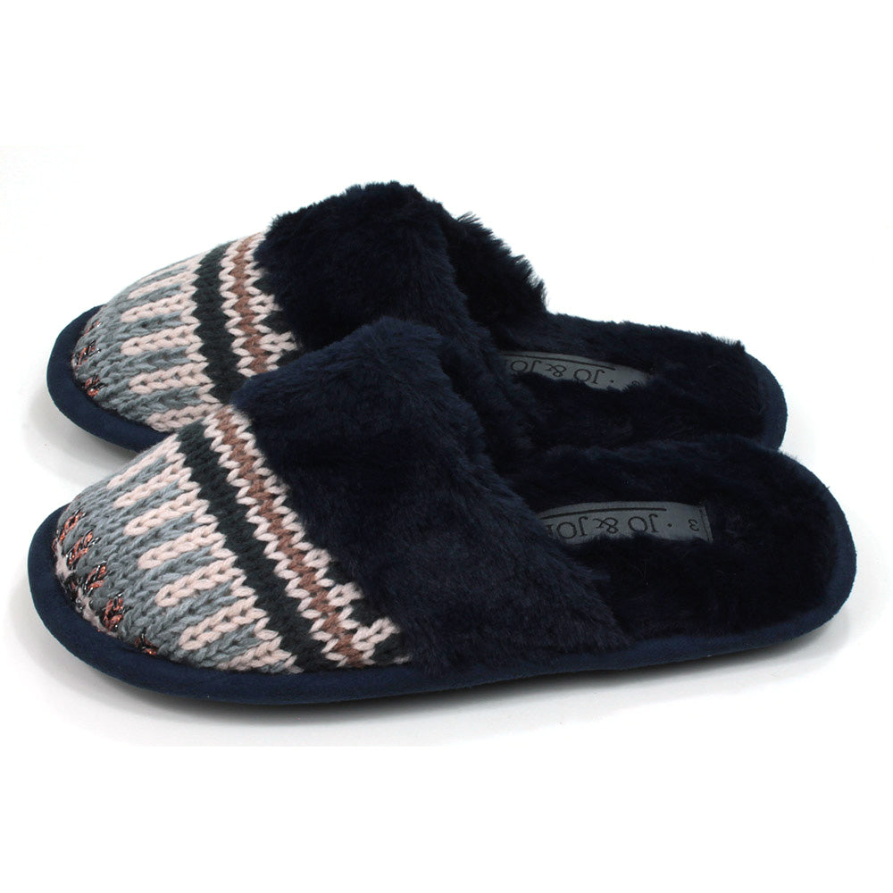 Jo and Joe mule slippers with navy blue fur inside and a matching band of fur over the foot. Chunky knitted uppers in navy, sky blue, white and rose gold. Side view.