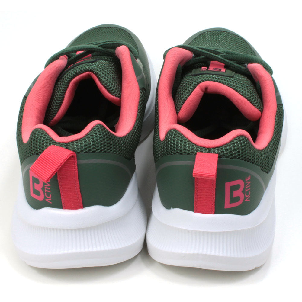 B Active green and pink lace up trainers with padded and ankles and white soles. The trainers have a sports styling. Back view.