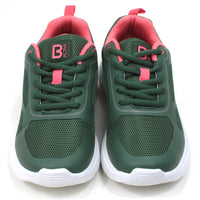 B Active green and pink lace up trainers with padded and ankles and white soles. The trainers have a sports styling. Front view.