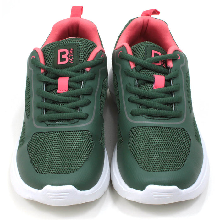 B Active green and pink lace up trainers with padded and ankles and white soles. The trainers have a sports styling. Front view.