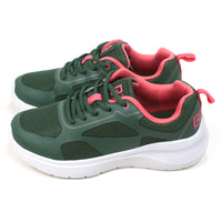 B Active green and pink lace up trainers with padded and ankles and white soles. The trainers have a sports styling. Side view.