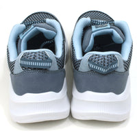 B Active grey and sky blue lace up trainers with padded and ankles and white soles. The trainers have a sports styling. Back view.