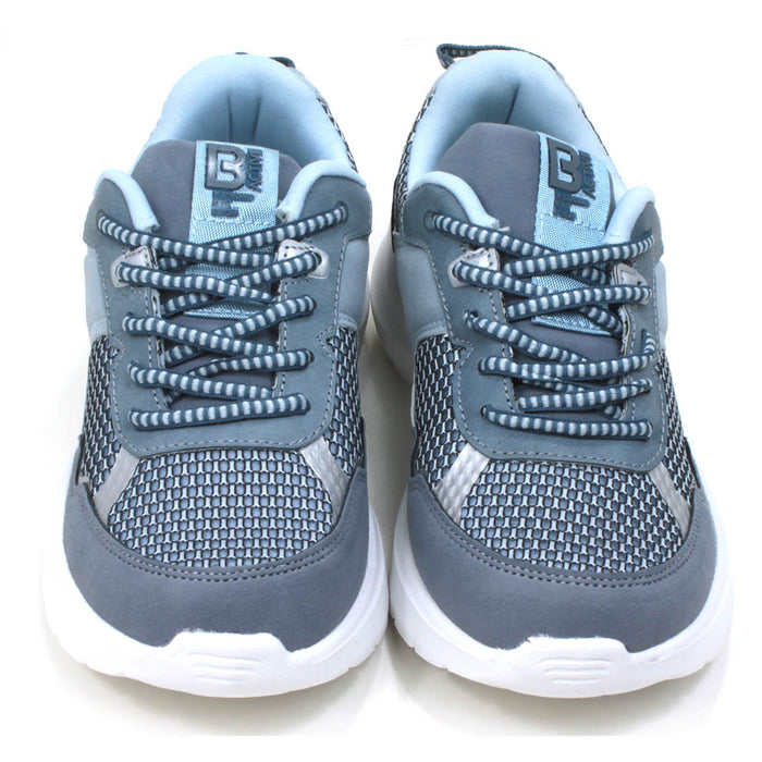 B Active grey and sky blue lace up trainers with padded and ankles and white soles. The trainers have a sports styling. Front view.