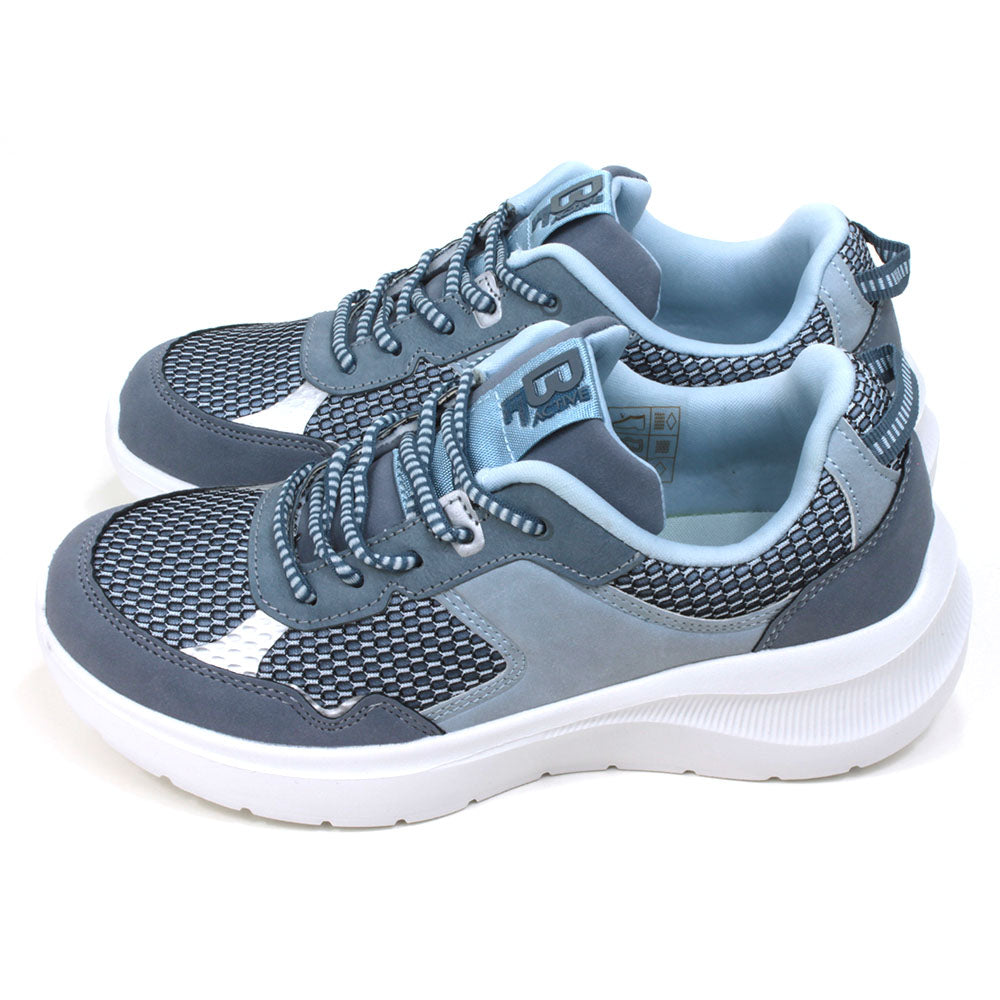 B Active grey and sky blue lace up trainers with padded and ankles and white soles. The trainers have a sports styling. Side view.