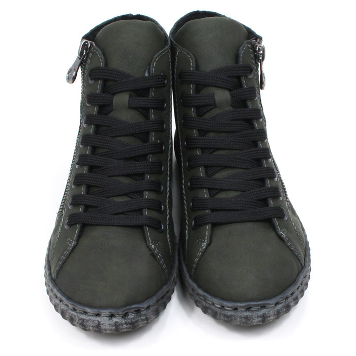 Rieker dark forest green faux suede boots with black laces. Zip fastening on the side. Rubber grippy soles. Front view.