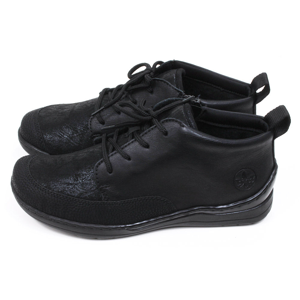 Rieker stretch fabric black laced shoes with zip fastening. Rieker logo on side of heel. Pull tabs at the ankles. Side view.