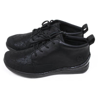 Rieker stretch fabric black laced shoes with zip fastening. Rieker logo on side of heel. Pull tabs at the ankles. Side view.