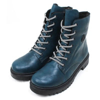 Rieker peacock blue combat boots. White and blue striped round laces. Fitting is using zips. Solid soles. Angled view.