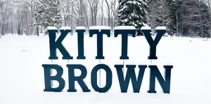 Text 'Kitty Brown' in large blue letters against a snowy forest background