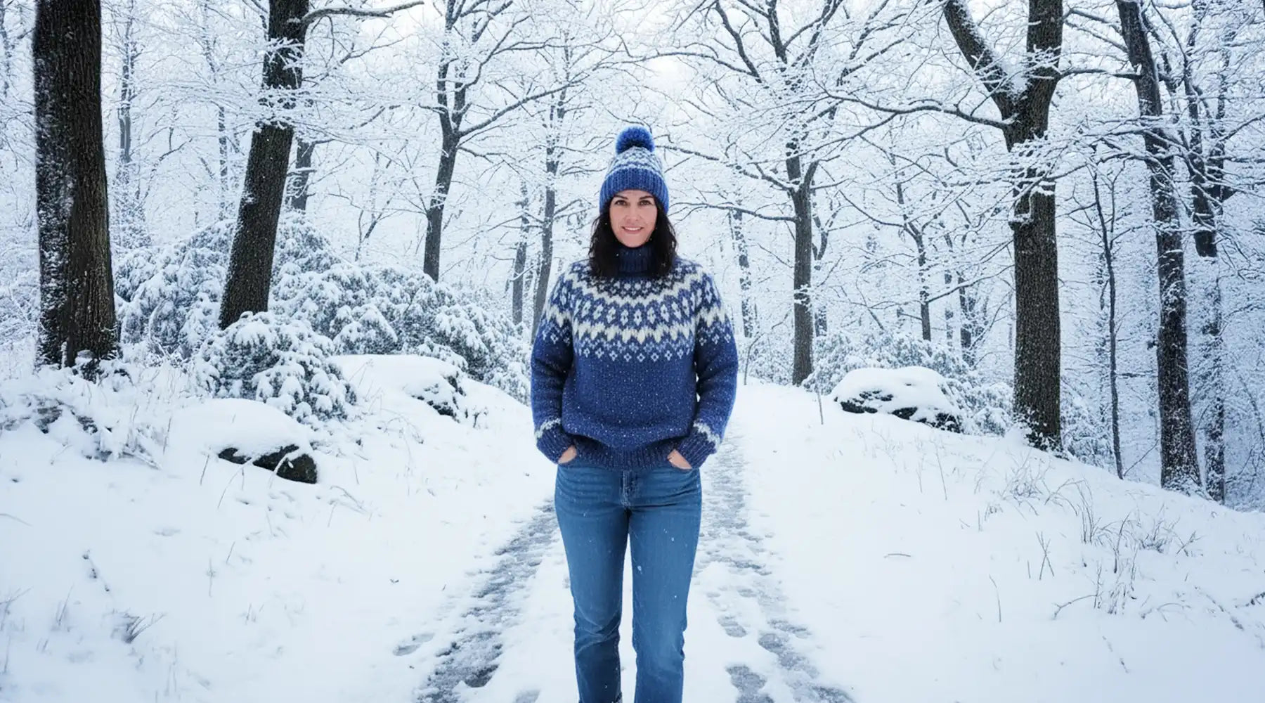 Person wearing a blue knitted sweater and hat in a snowy forest