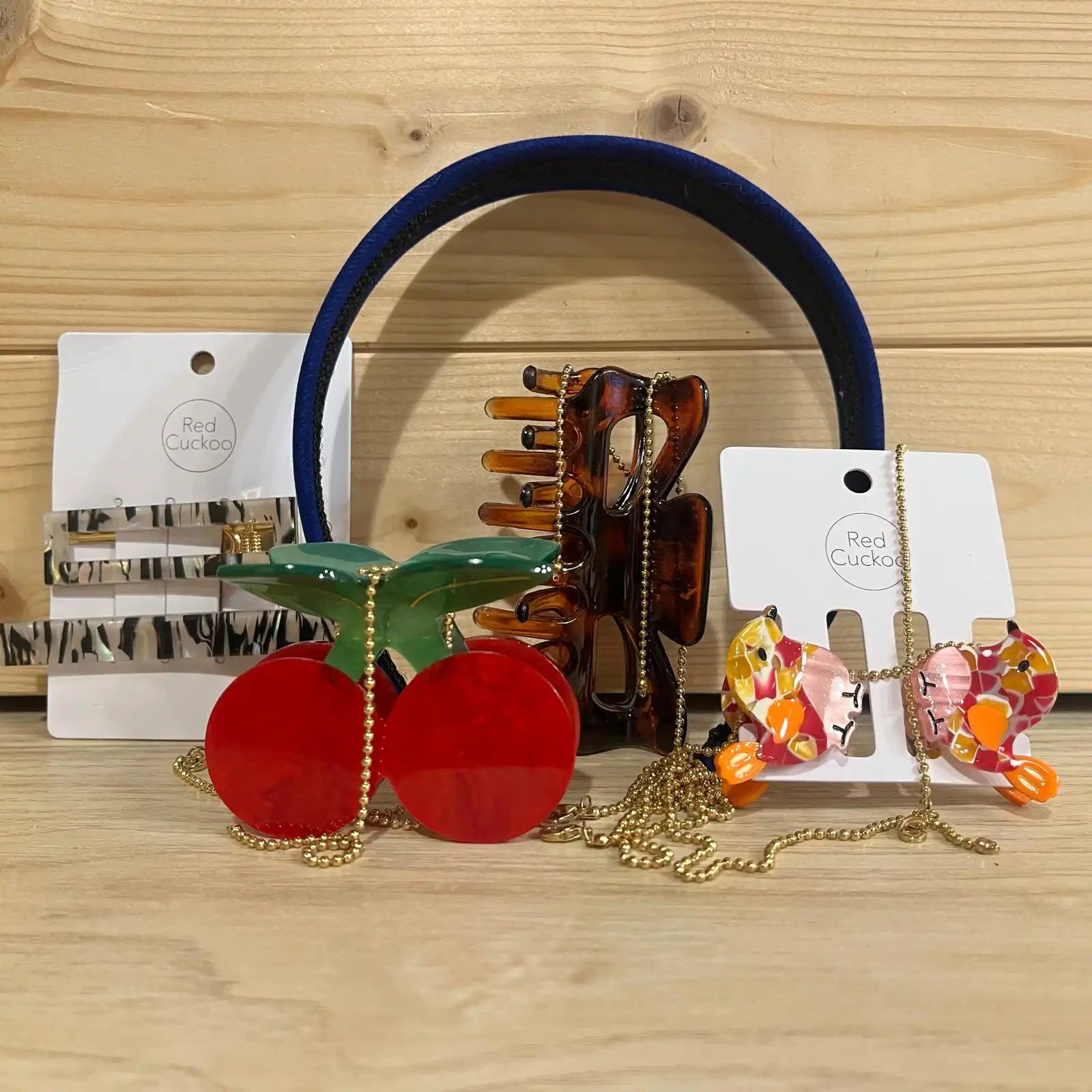 Hair accessories including hair claws and a hair band.