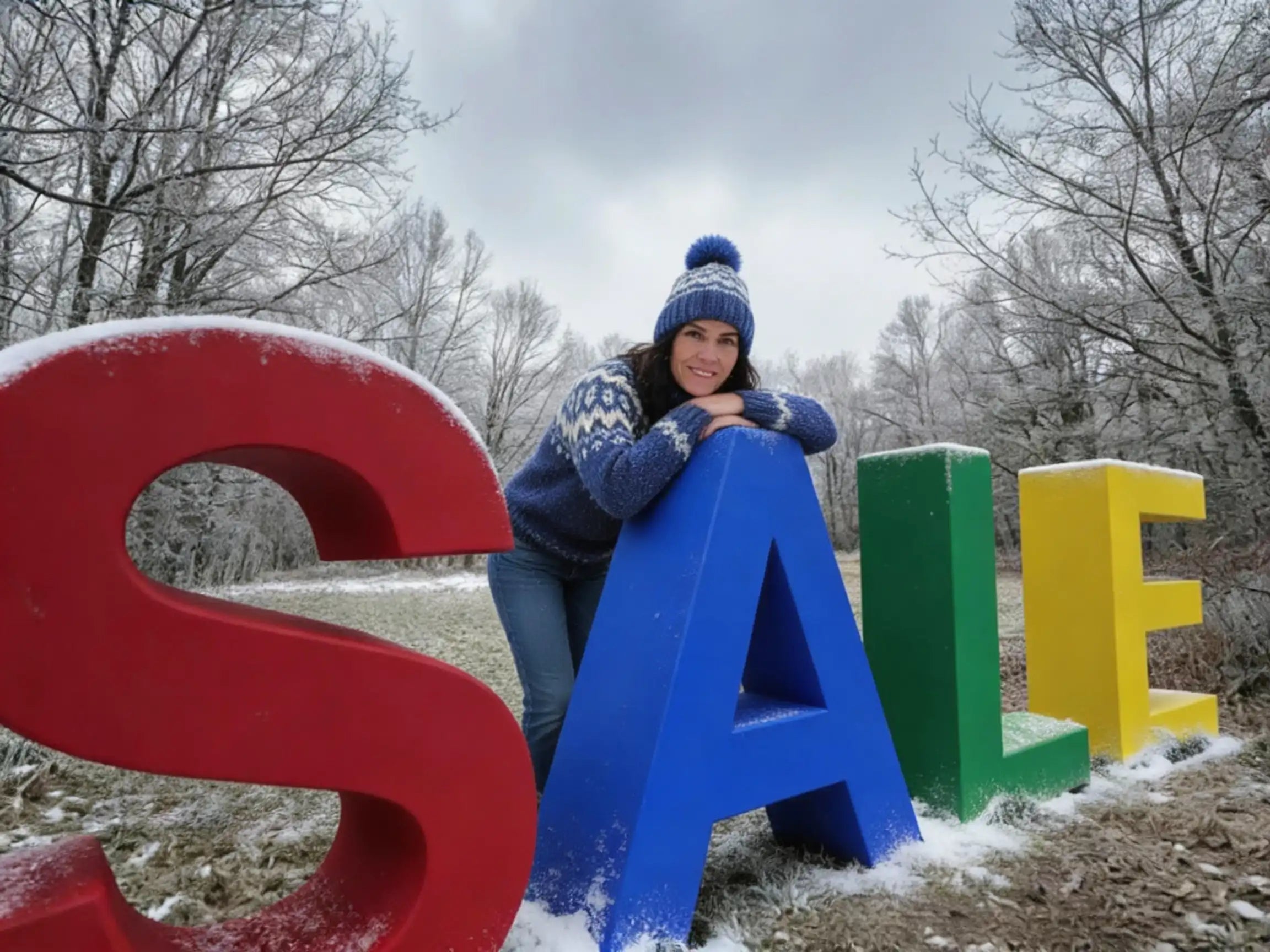 Person posing with large colorful letters spelling 'SALE' in a snowy landscape