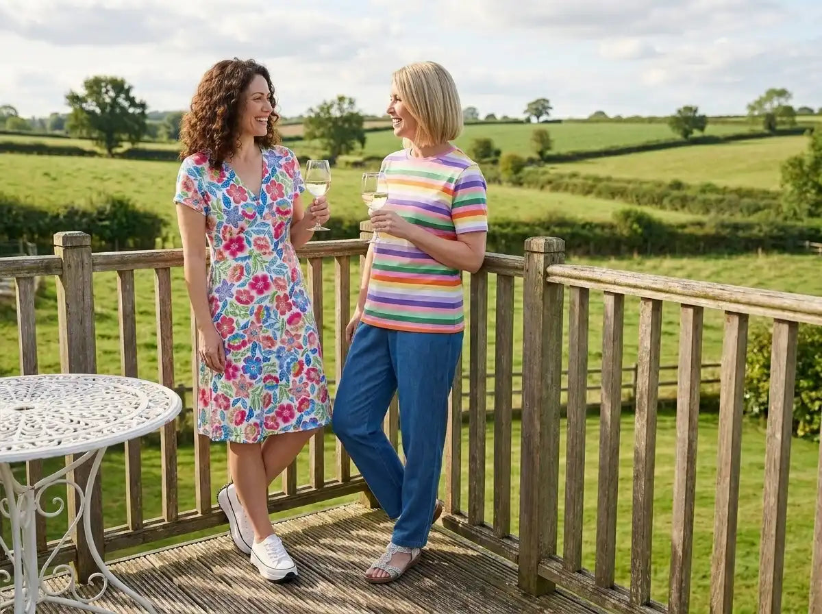 Two women standing on a wooden deck with a scenic view of green fields and trees.