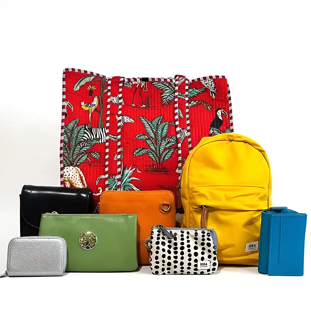 Collection of various bags including a yellow backpack, green pouch, and others on a white background