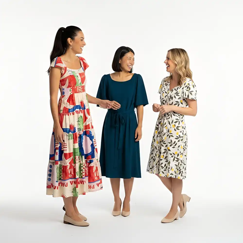Three women wearing colorful dresses standing together on a white background