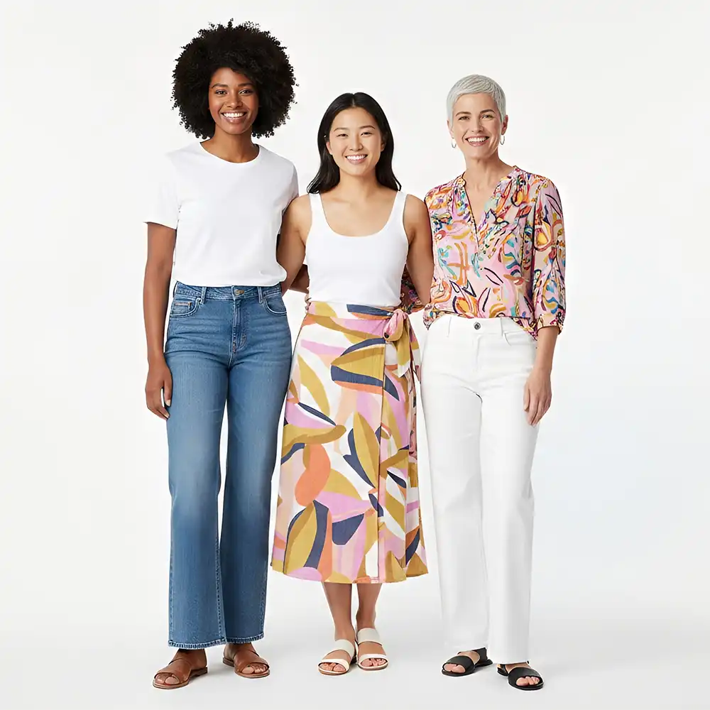 Three women standing together wearing colorful outfits on a white background