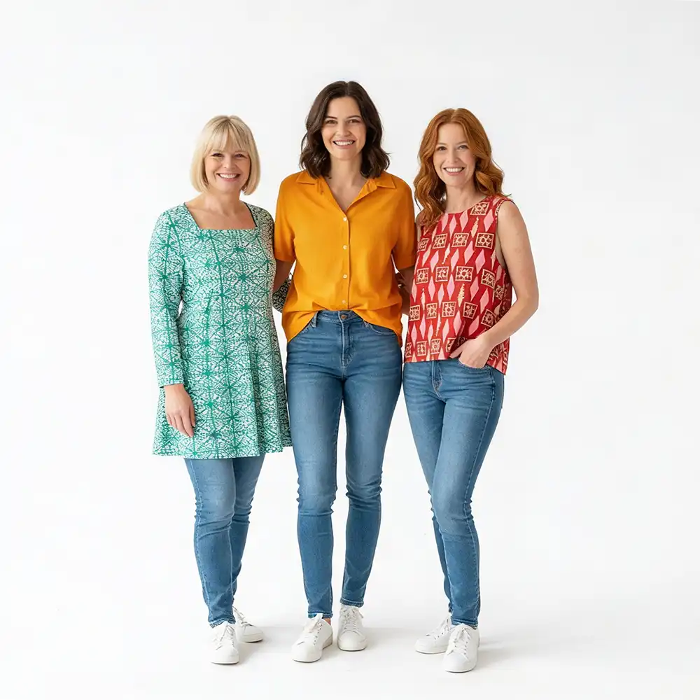 Three women in a white studio wearing colourful tops and jeans.