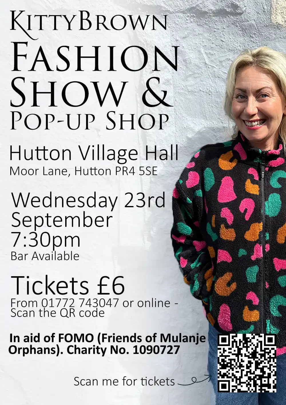 Poster advertising Kitty Brown fashion show and pop-up shop at Hutton Village Hall on 23rd September. Tickets £6
