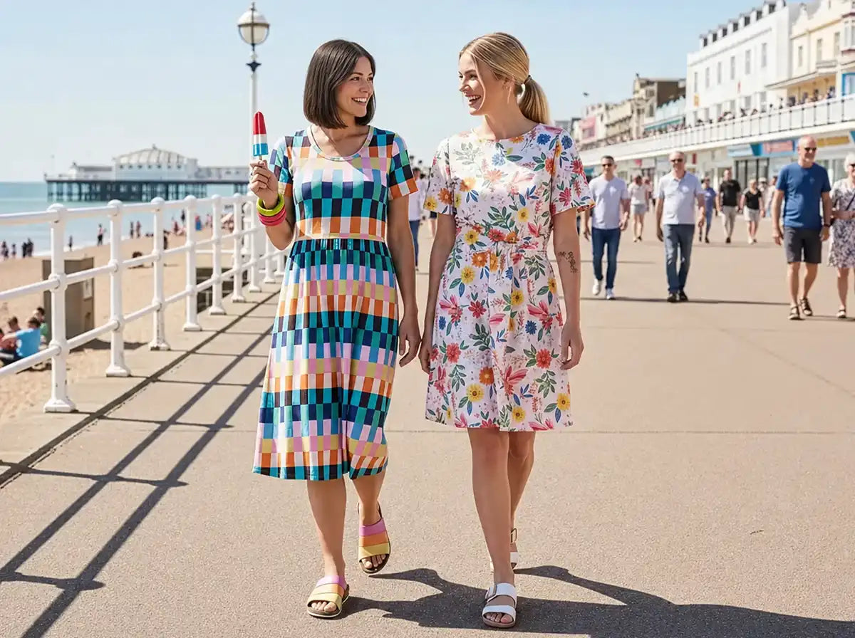 Two women walking on a promenade by the beach, wearing colorful dresses.