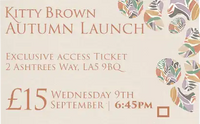 Promotional ticket graphic for the Kitty Brown Autumn Launch, featuring elegant serif typography on a warm cream background with abstract floral motifs in muted orange, green, and gray tones.