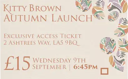 Promotional ticket graphic for the Kitty Brown Autumn Launch, featuring elegant serif typography on a warm cream background with abstract floral motifs in muted orange, green, and gray tones.