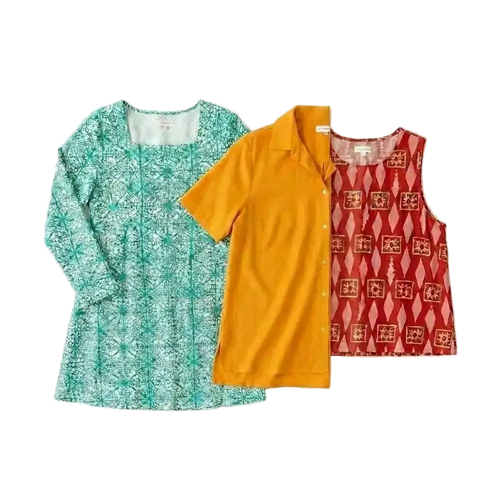 Three women's tops laid flat on a white background: a long-sleeve green and white patterned tunic, a mustard yellow short-sleeve collared button-front top, and a sleeveless red patterned vest.