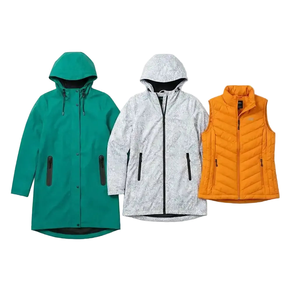 Three hooded outerwear pieces arranged side by side on a light gray background: a teal hooded jacket on the left, a light gray hooded zip jacket in the center, and an orange quilted sleeveless vest on the right.