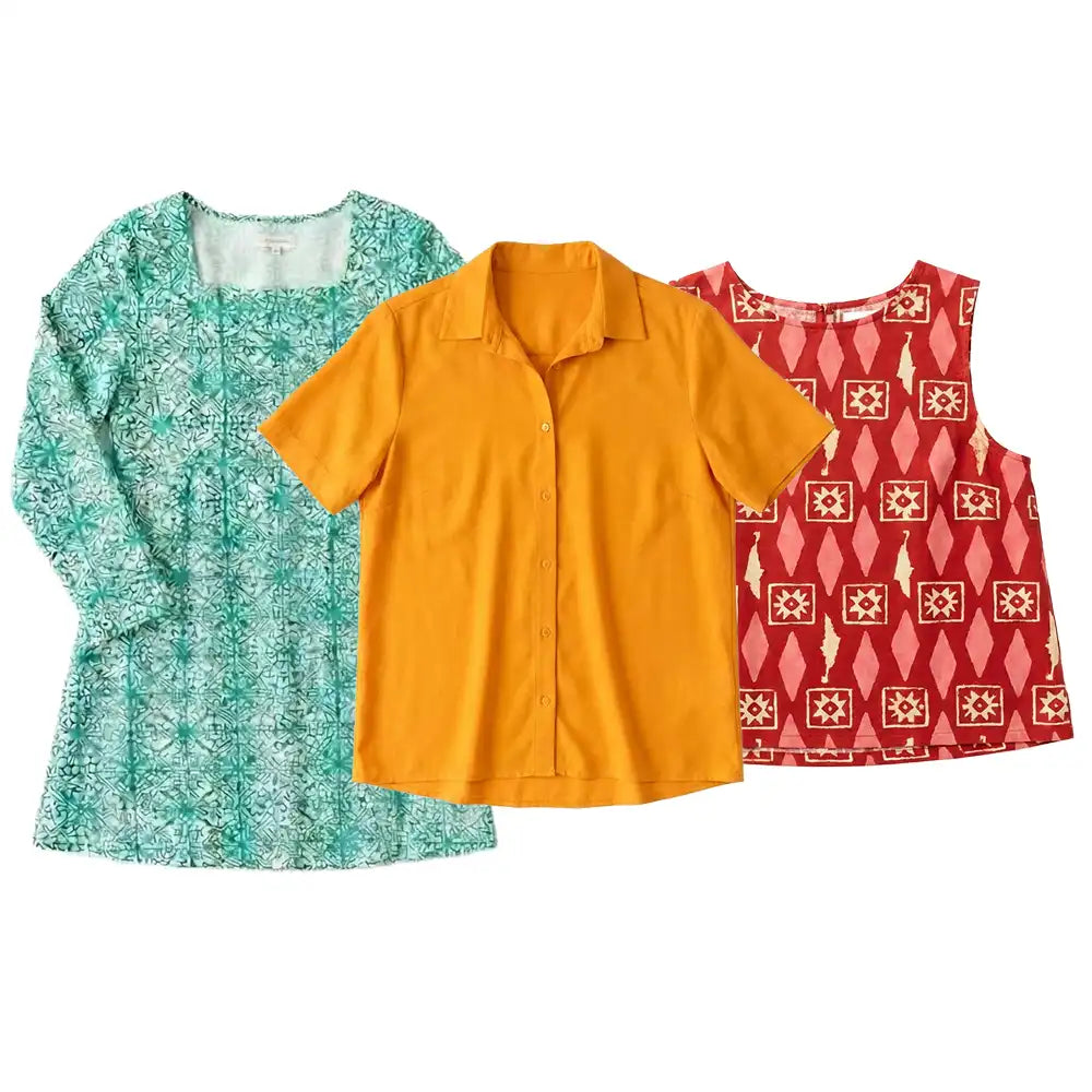 Three women's tops displayed together on a white background: a mint green long-sleeve patterned top, a mustard yellow short-sleeve collared top, and a red sleeveless top with a geometric diamond pattern.