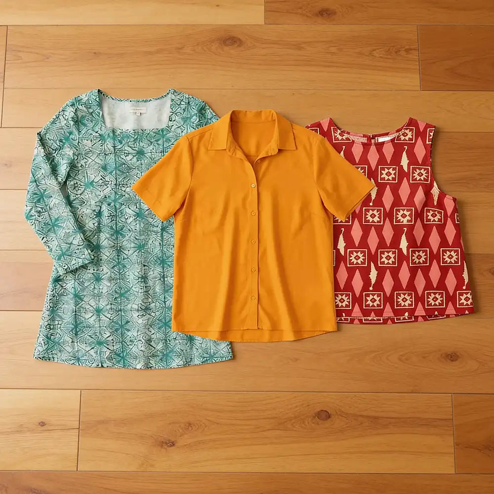 Tops laid out on a wooden floor. 