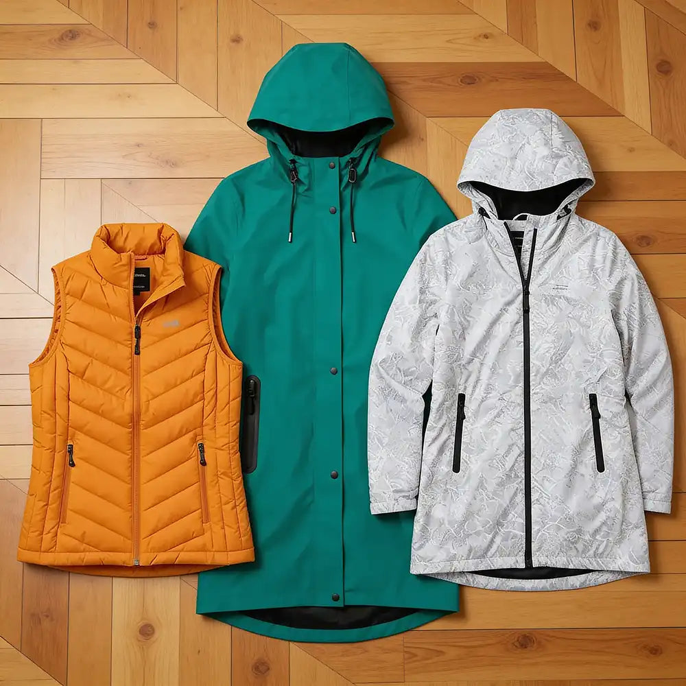 Three outdoor apparel pieces arranged on a wood floor: a bright orange sleeveless quilted vest, a teal hooded jacket, and a light gray hooded jacket with a subtle tonal pattern. No person or real environment beyond the styled floor backdrop.