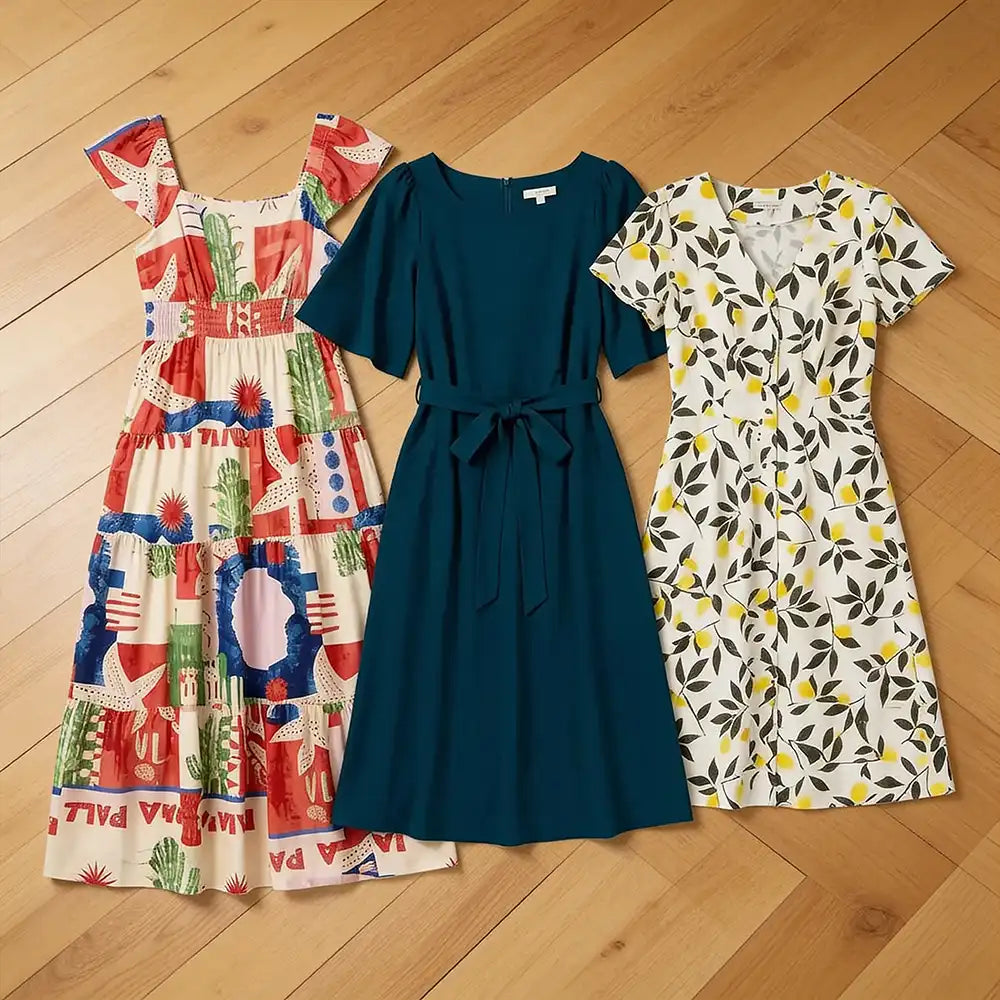 Dresses laid out on a wooden floor.