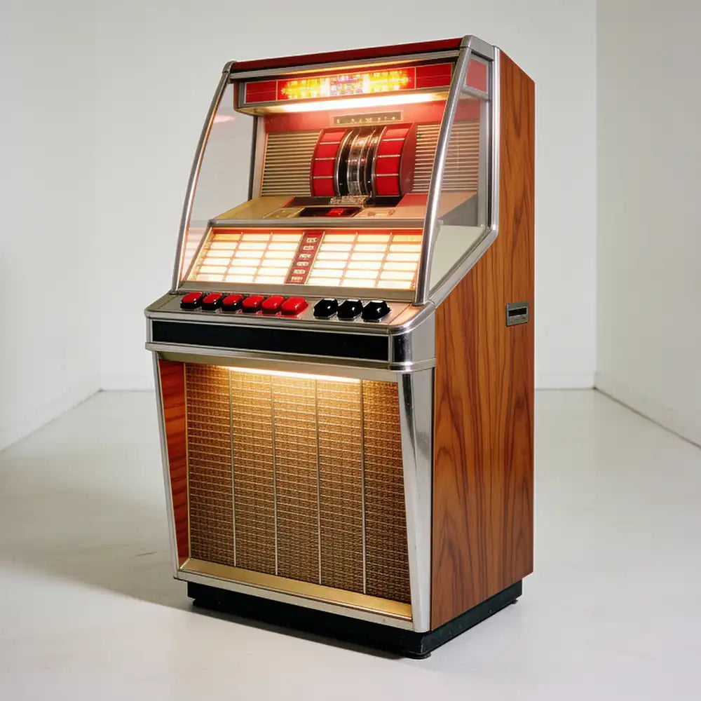 A vintage 1950s jukebox with a wood-grain cabinet, chrome trim, and illuminated red and yellow display, photographed in a minimalist white room.