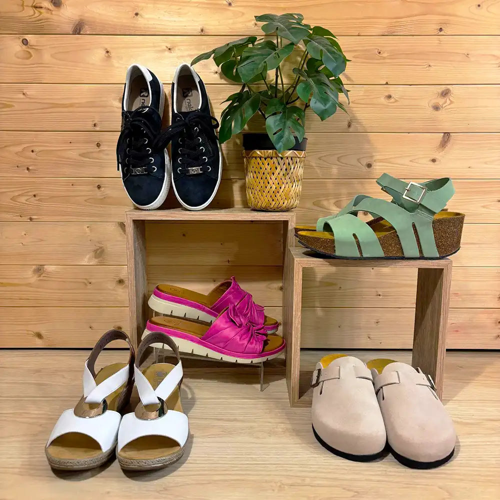 Shoes displayed on wooden shelves against a wooden wall.