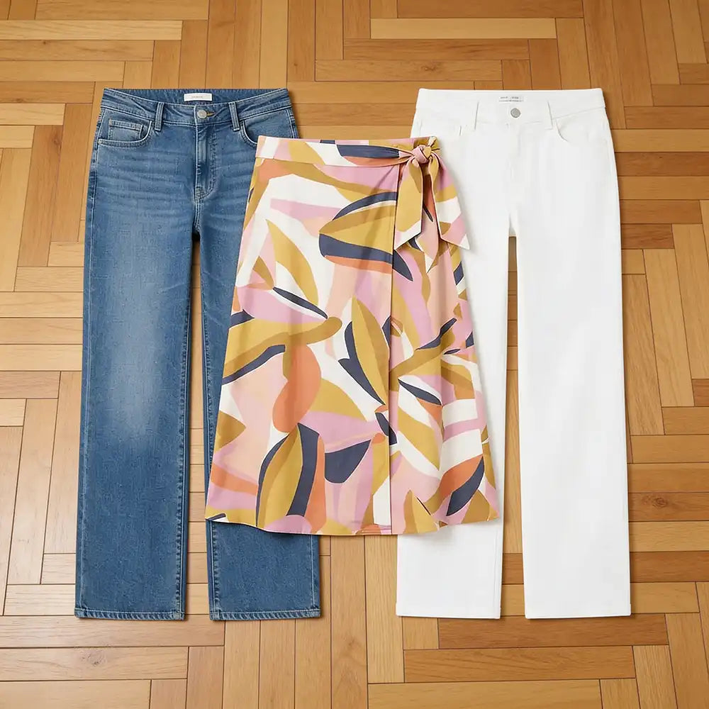 A pair of jeans, a colourful skirt and white trousers laid out on a wooden floor.